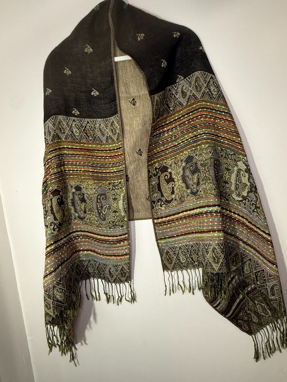 Artisan Woven Shawl Scarf Paisley Stripe Fringe Boho Ethnic Wrap